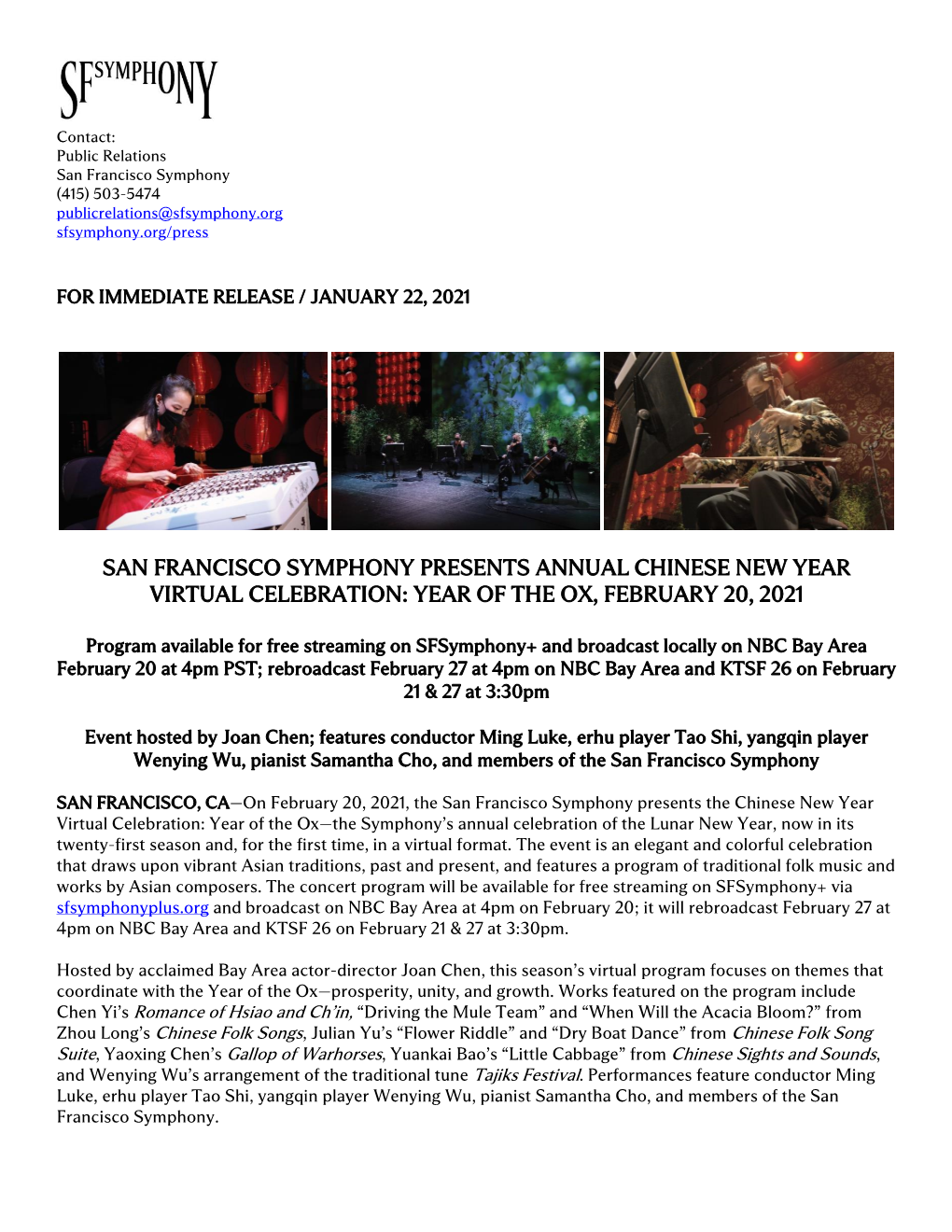 San Francisco Symphony Presents Annual Chinese New Year Virtual Celebration: Year of the Ox, February 20, 2021