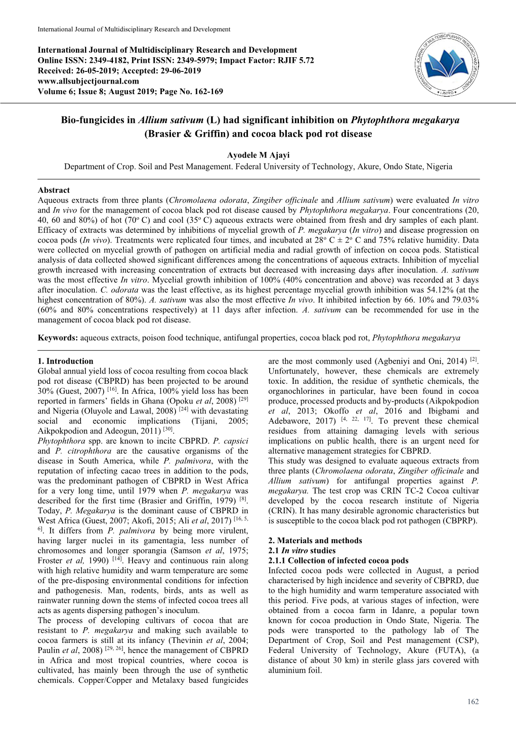 Bio-Fungicides in Allium Sativum (L) Had Significant Inhibition on Phytophthora Megakarya (Brasier & Griffin) and Cocoa Blac