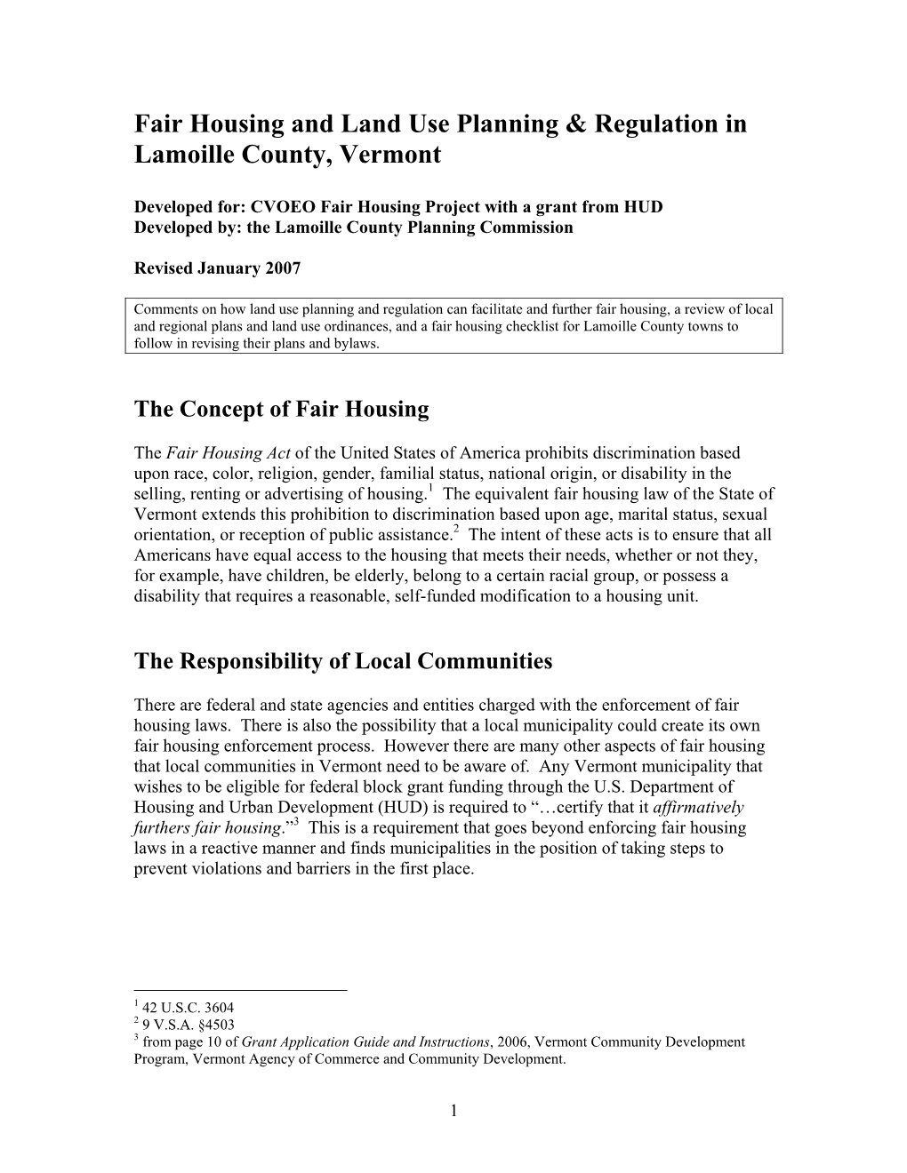 Fair Housing and Land Use Planning & Regulation in Lamoille County