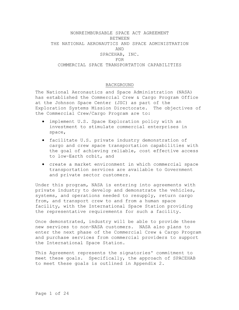 Space Act Agreement with SPACEHAB