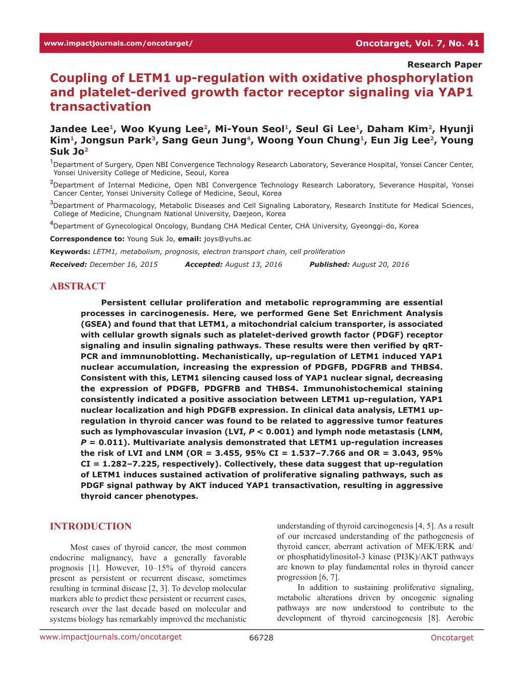 Coupling of LETM1 Up-Regulation with Oxidative Phosphorylation and Platelet-Derived Growth Factor Receptor Signaling Via YAP1 Transactivation