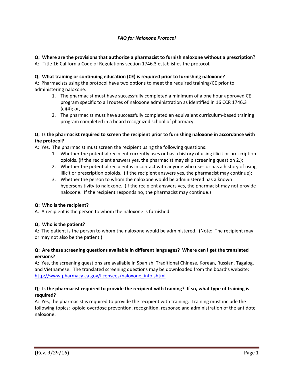 FAQ for Naloxone Protocol Q