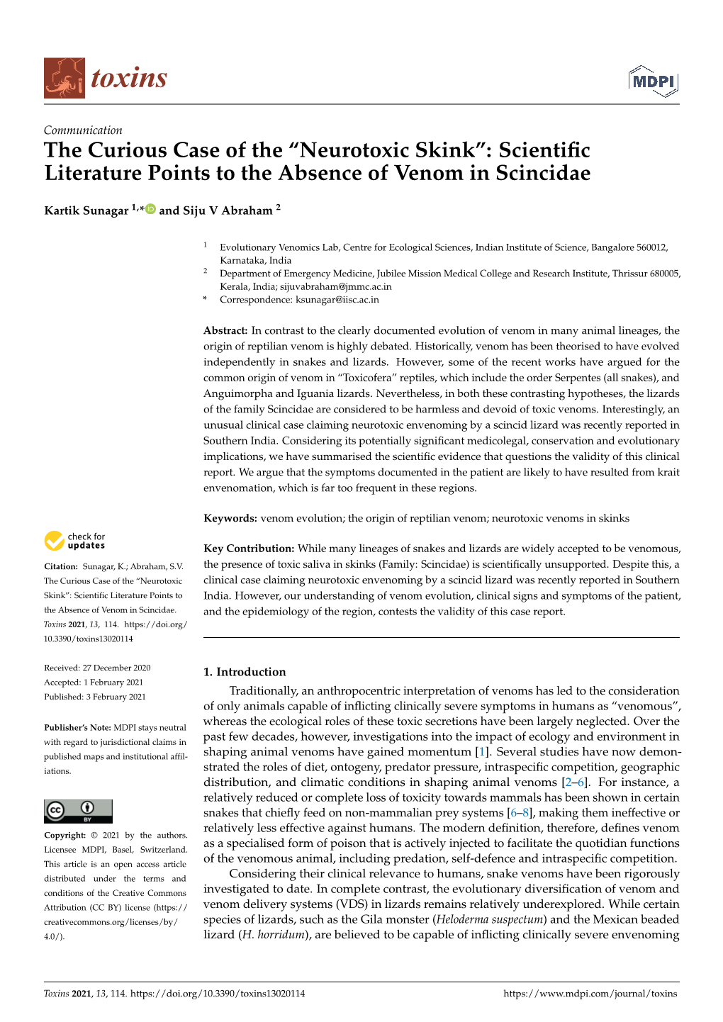 Neurotoxic Skink”: Scientiﬁc Literature Points to the Absence of Venom in Scincidae