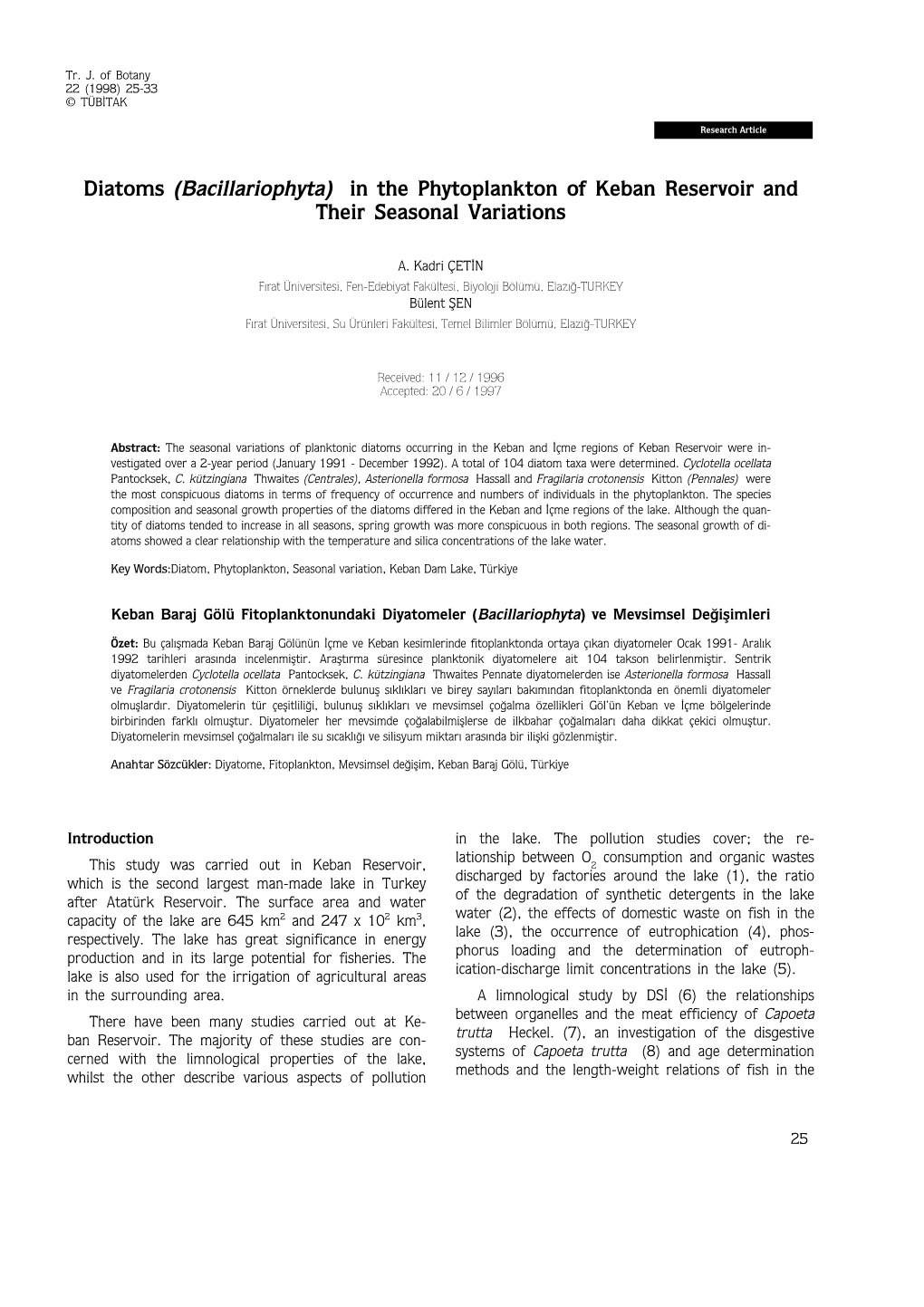 Diatoms (Bacillariophyta) in the Phytoplankton of Keban Reservoir and Their Seasonal Variations