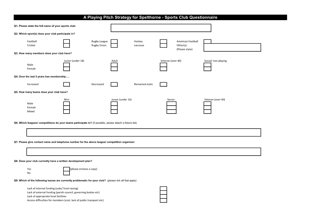 A Playing Pitch Strategy for Spelthorne - Sports Club Questionnaire