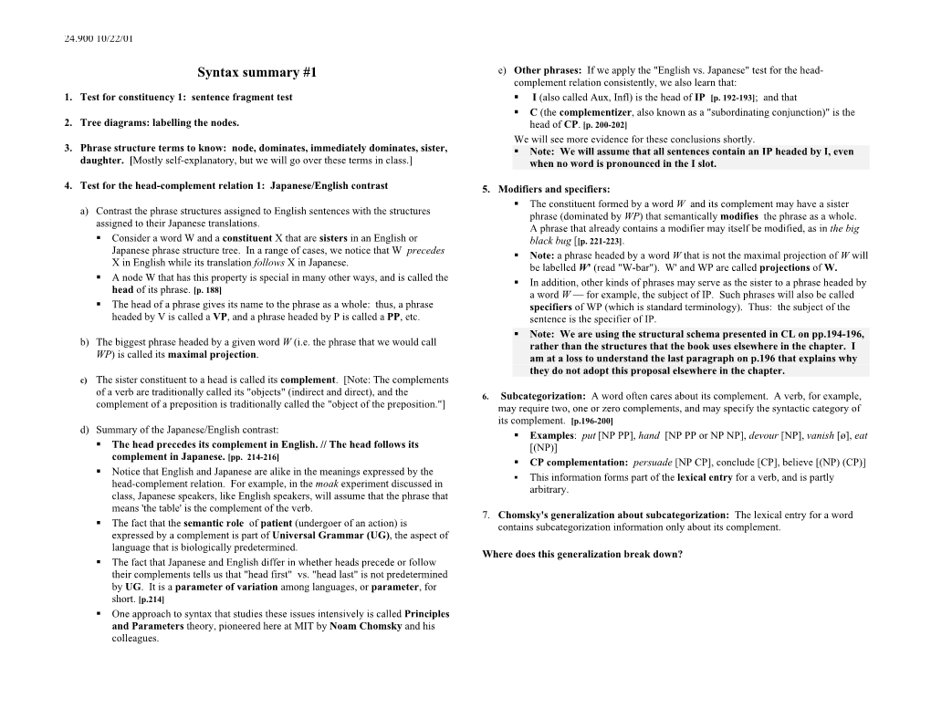 Syntax Summary #1 E) Other Phrases: If We Apply the "English Vs