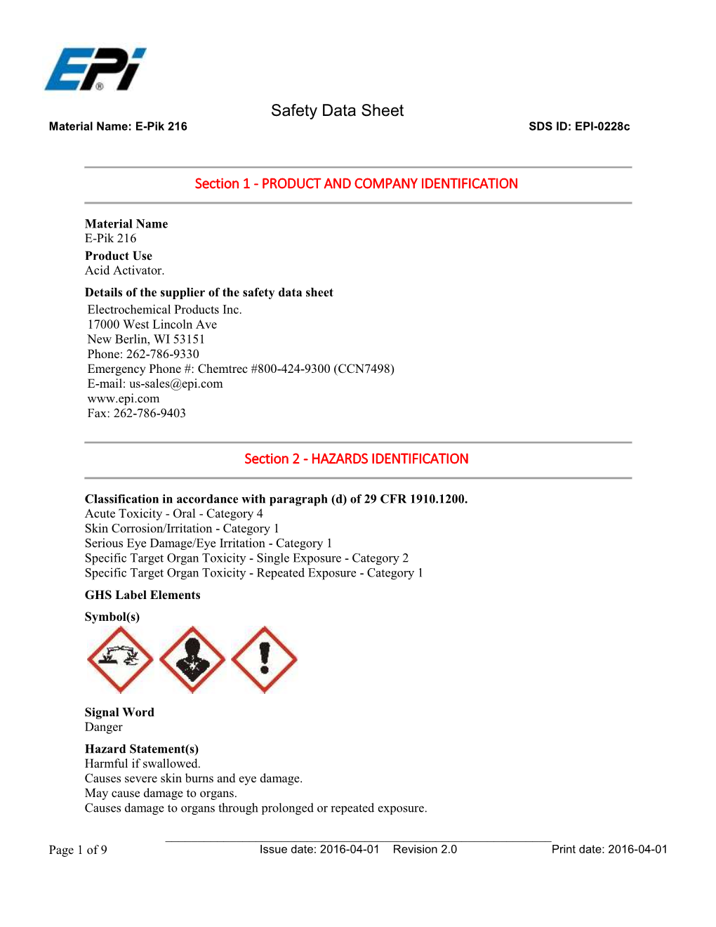 Safety Data Sheet (E-Pik 216)