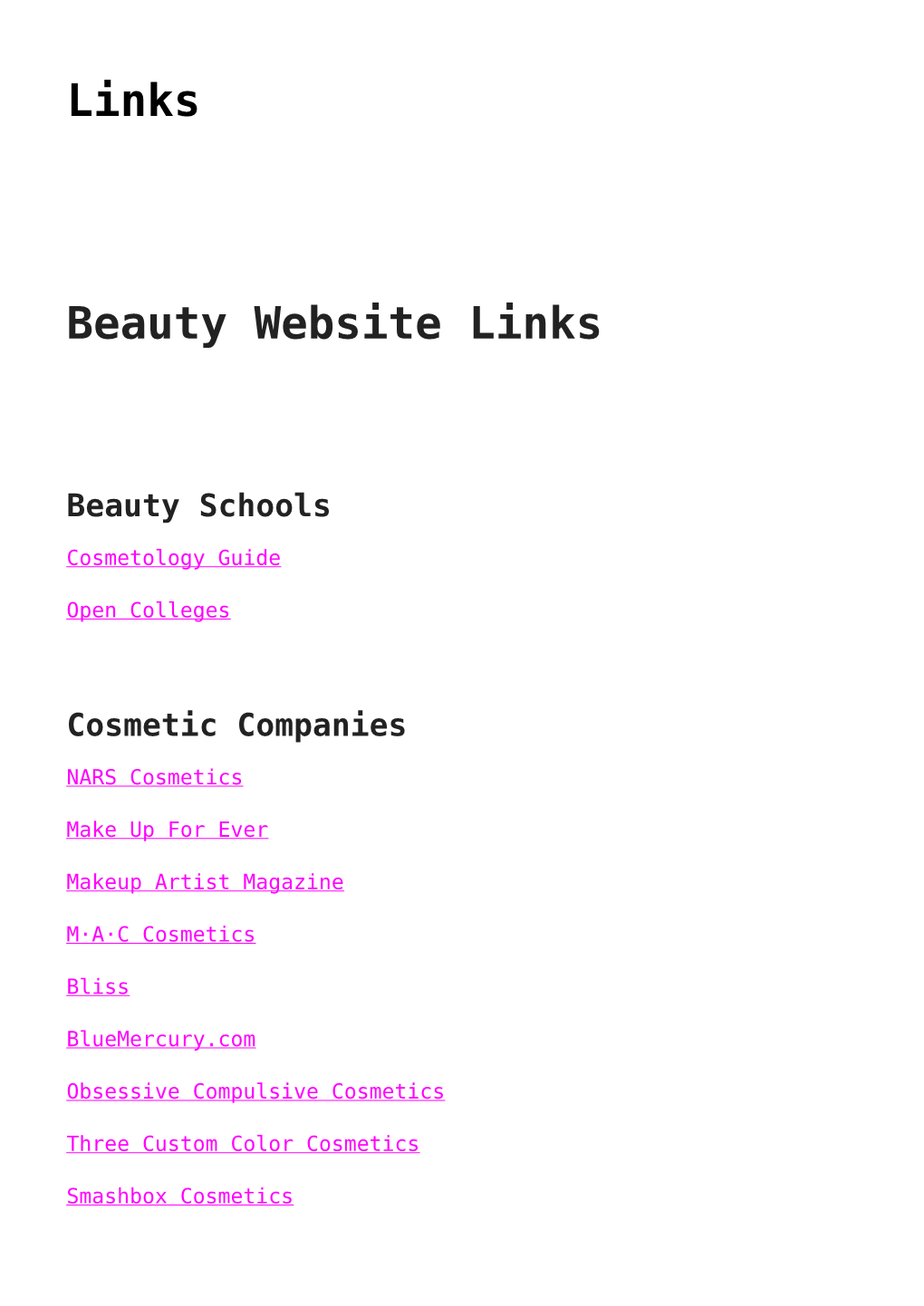 Links Beauty Website Links