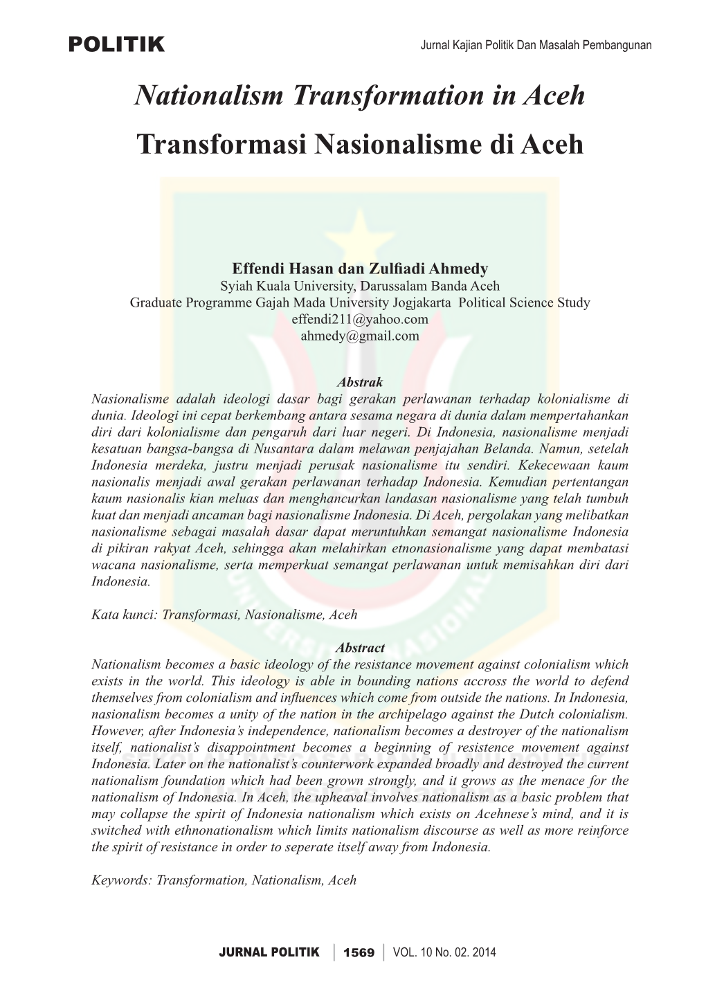 Nationalism Transformation in Aceh Transformasi Nasionalisme Di Aceh