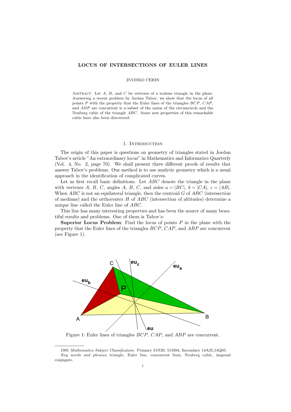 LOCUS of INTERSECTIONS of EULER LINES 1. Introduction The