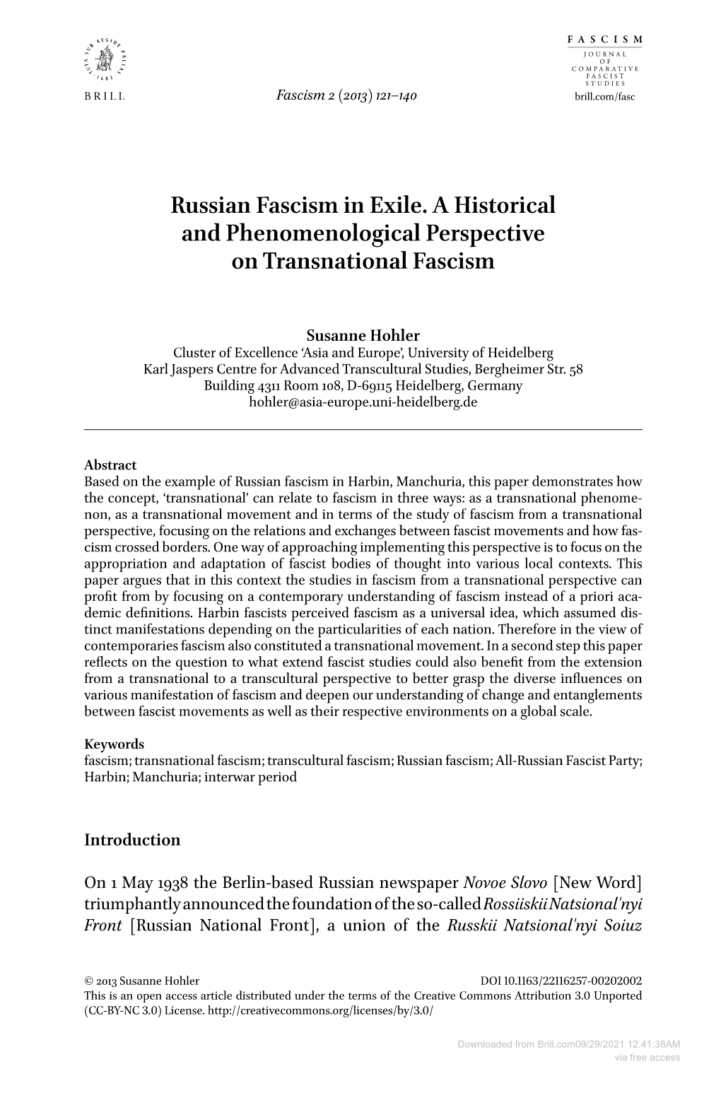 Russian Fascism in Exile. a Historical and Phenomenological Perspective on Transnational Fascism