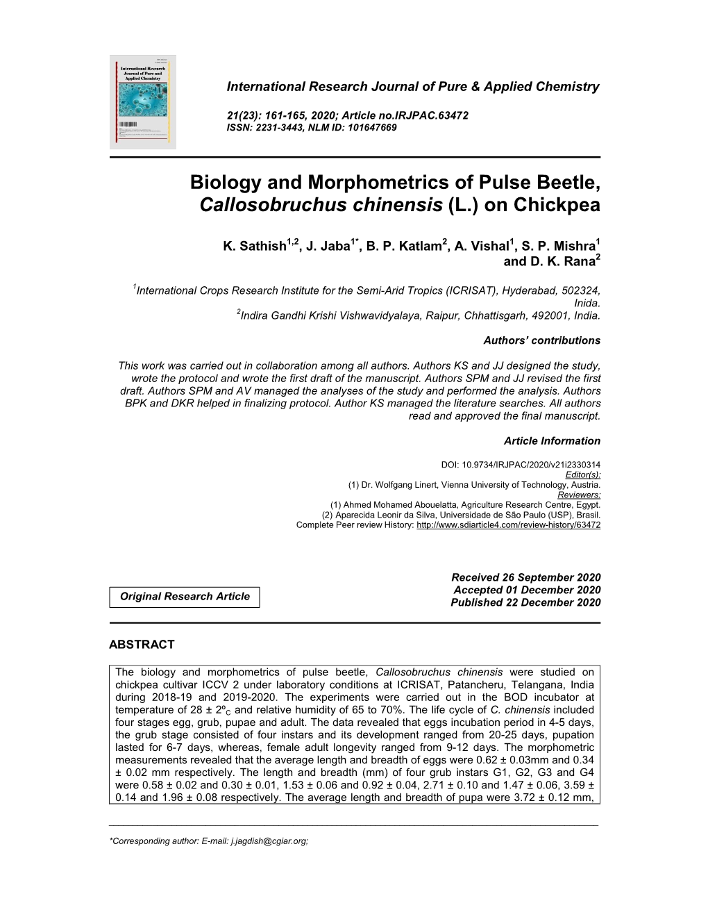 Biology and Morphometrics of Pulse Beetle, Callosobruchus Chinensis (L.) on Chickpea