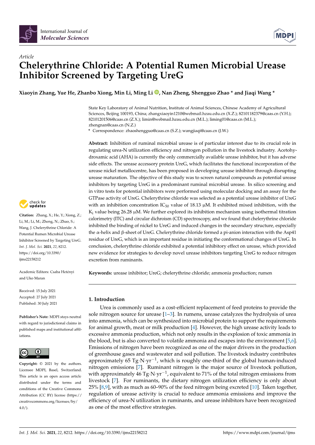 Chelerythrine Chloride: a Potential Rumen Microbial Urease Inhibitor Screened by Targeting Ureg