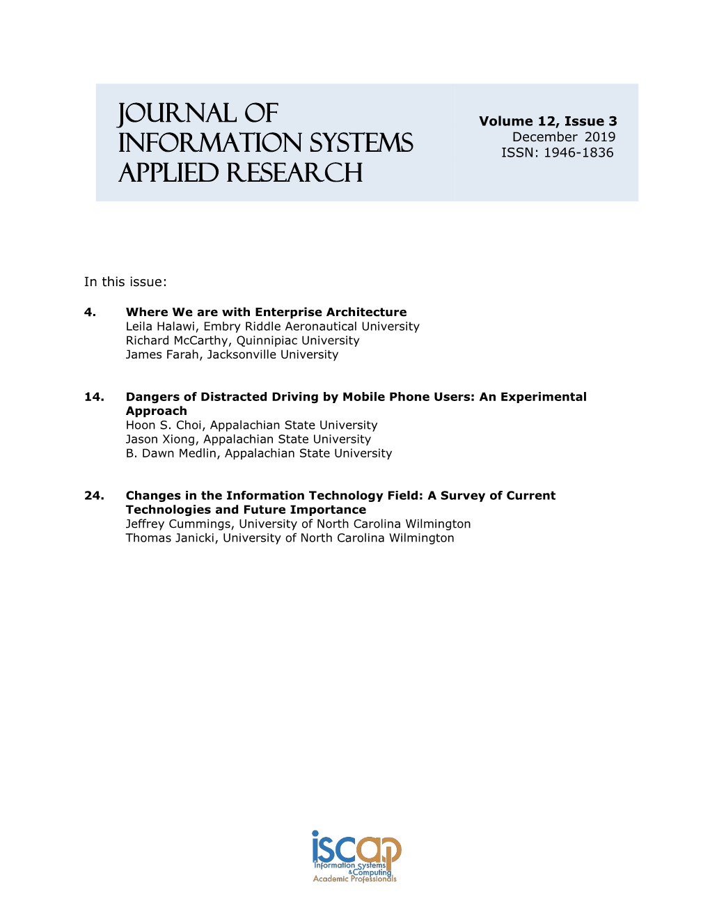 December 2019 INFORMATION SYSTEMS ISSN: 1946-1836 APPLIED RESEARCH
