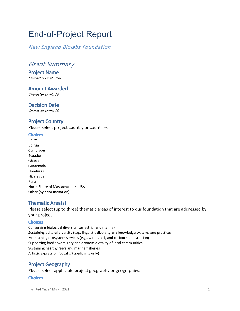 End-Of-Project Report New England Biolabs Foundation