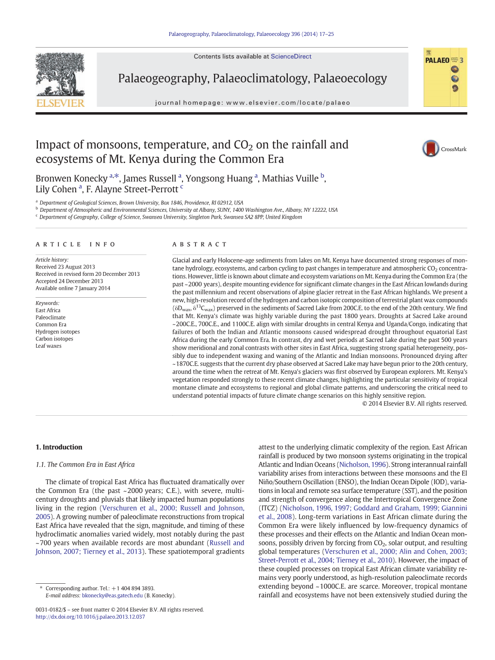 Impact of Monsoons, Temperature, and CO2 on the Rainfall and Ecosystems of Mt. Kenya During the Common Era