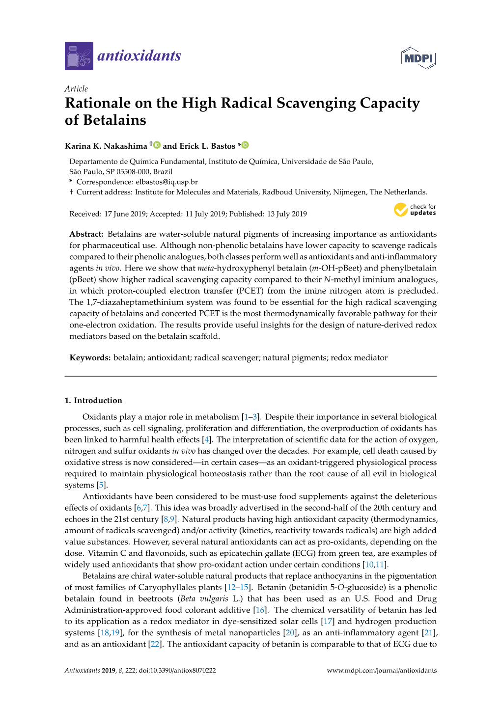 Rationale on the High Radical Scavenging Capacity of Betalains