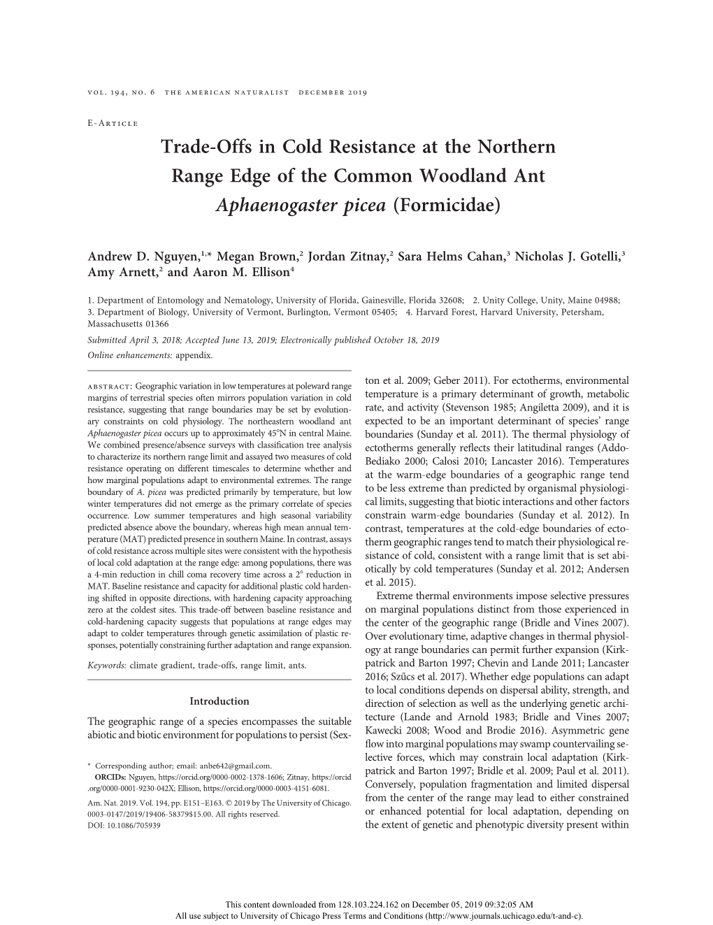 Trade-Offs in Cold Resistance at the Northern Range Edge of the Common Woodland Ant Aphaenogaster Picea (Formicidae)