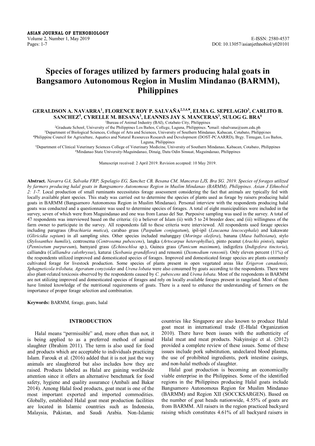 Species of Forages Utilized by Farmers Producing Halal Goats in Bangsamoro Autonomous Region in Muslim Mindanao (BARMM), Philippines