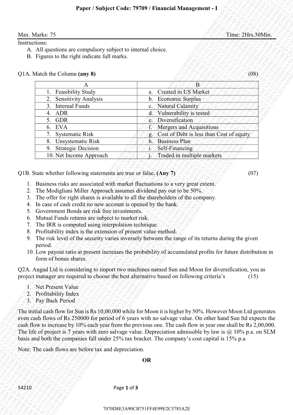 Max. Marks: 75 Time: 2Hrs.30Min. Instructions: A. All Questions Are Compulsory Subject to Internal Choice