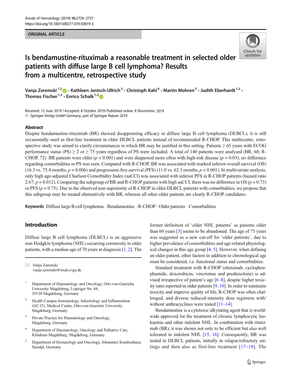 Is Bendamustine-Rituximab a Reasonable Treatment in Selected Older Patients with Diffuse Large B Cell Lymphoma? Results from a Multicentre, Retrospective Study