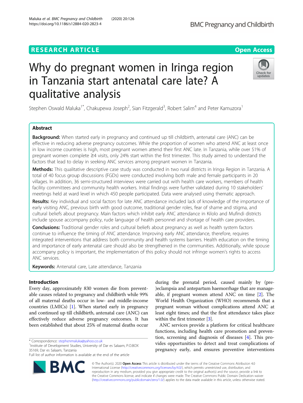 Why Do Pregnant Women in Iringa Region in Tanzania Start Antenatal