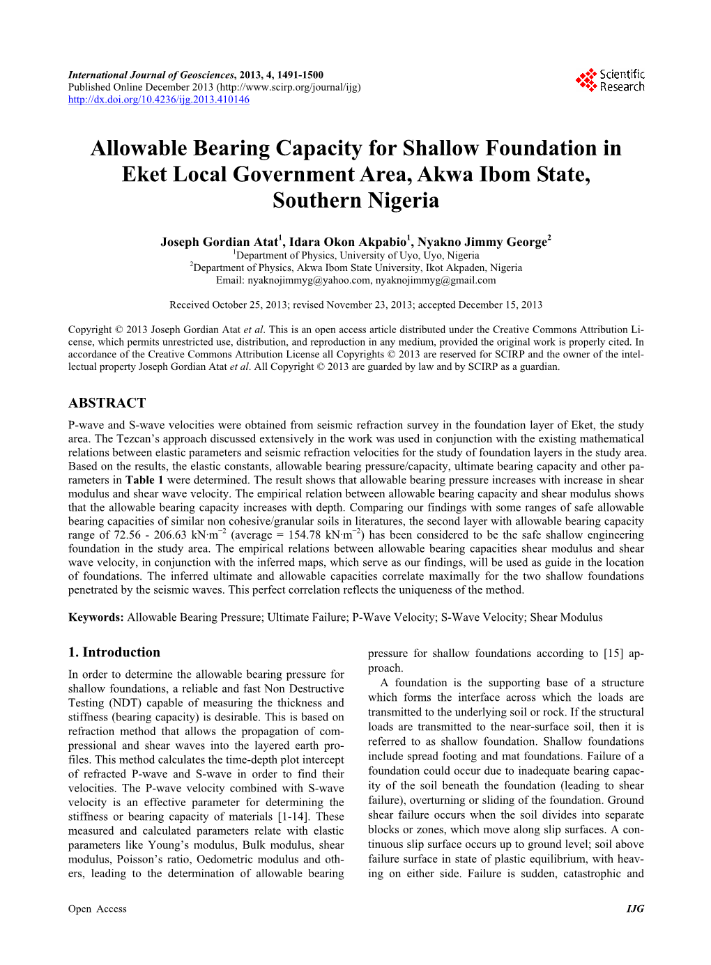 Allowable Bearing Capacity for Shallow Foundation in Eket Local Government Area, Akwa Ibom State, Southern Nigeria