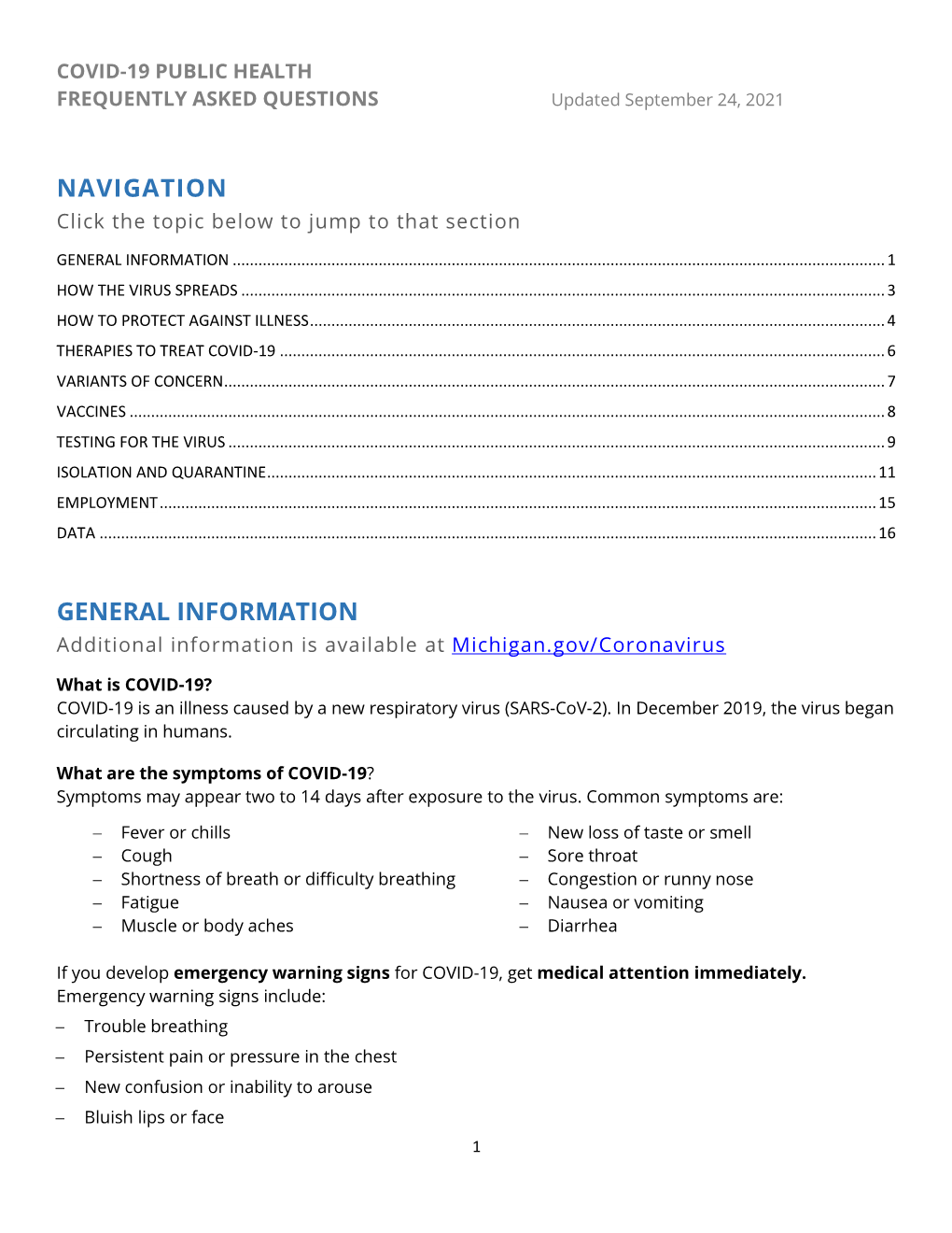 COVID-19 PUBLIC HEALTH FREQUENTLY ASKED QUESTIONS Updated September 24, 2021