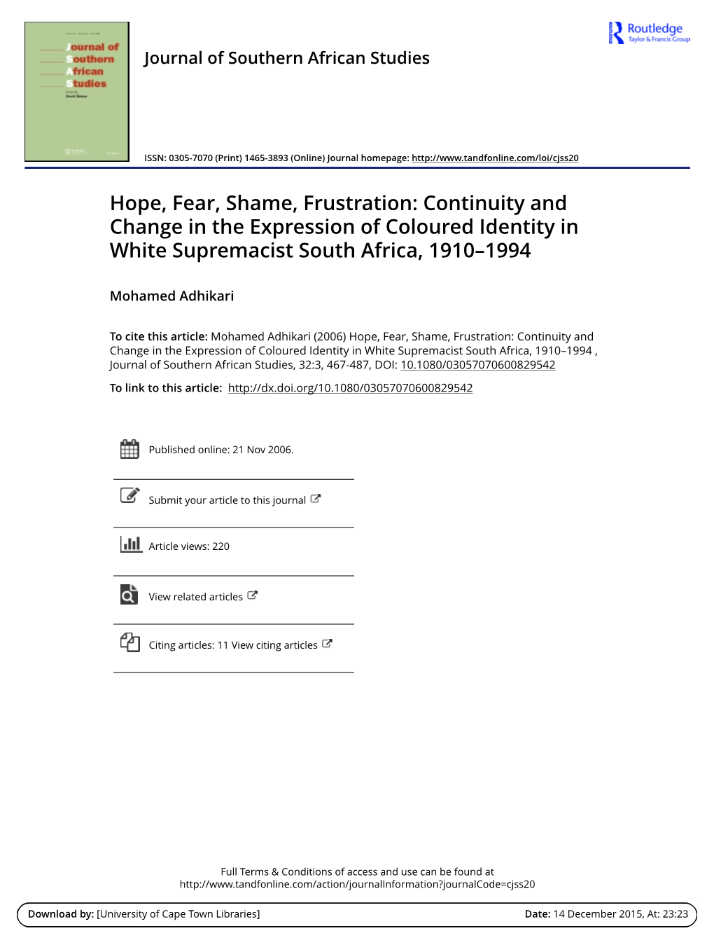 Continuity and Change in the Expression of Coloured Identity in White Supremacist South Africa, 1910–1994