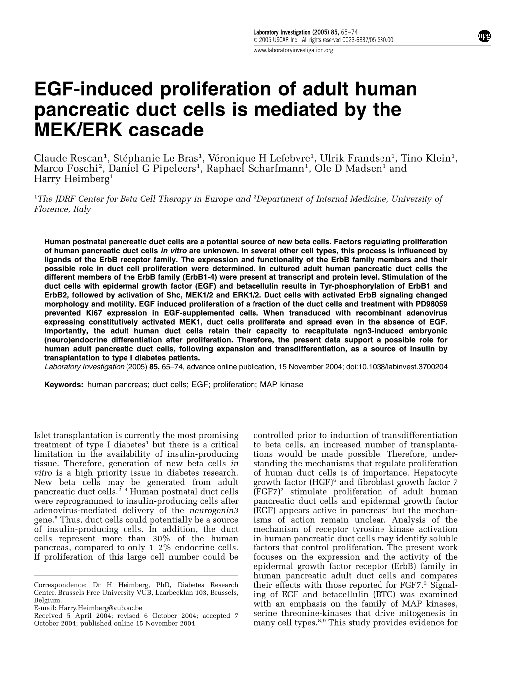 EGF-Induced Proliferation of Adult Human Pancreatic Duct Cells Is Mediated by the MEK/ERK Cascade