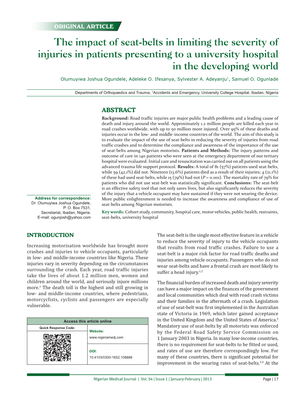 The Impact of Seat‑Belts in Limiting the Severity of Injuries in Patients Presenting to a University Hospital in the Developing World
