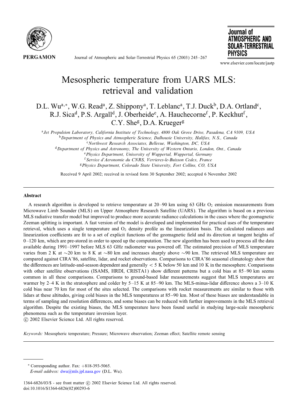 Mesospheric Temperature from UARS MLS: Retrieval and Validation