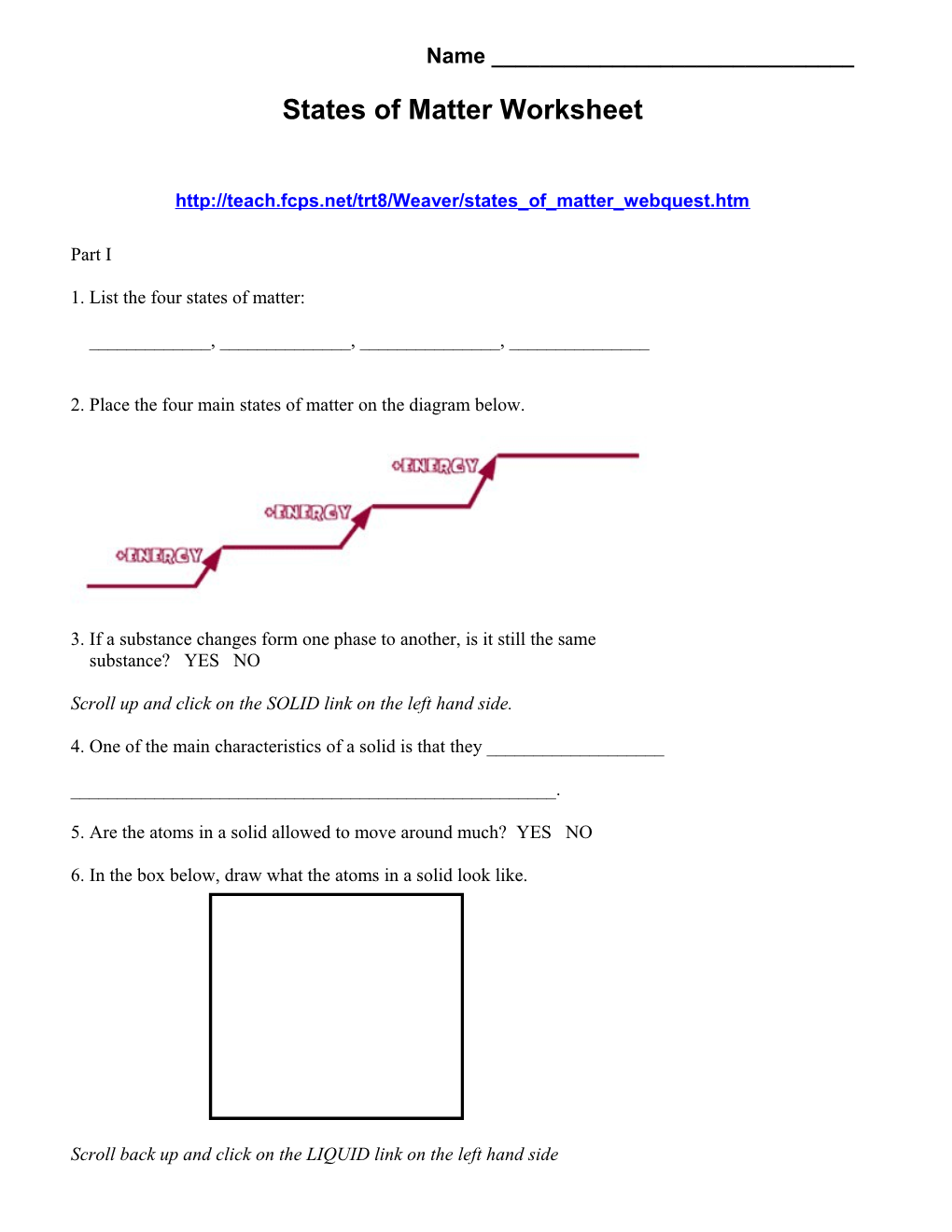 States of Matter Worksheet