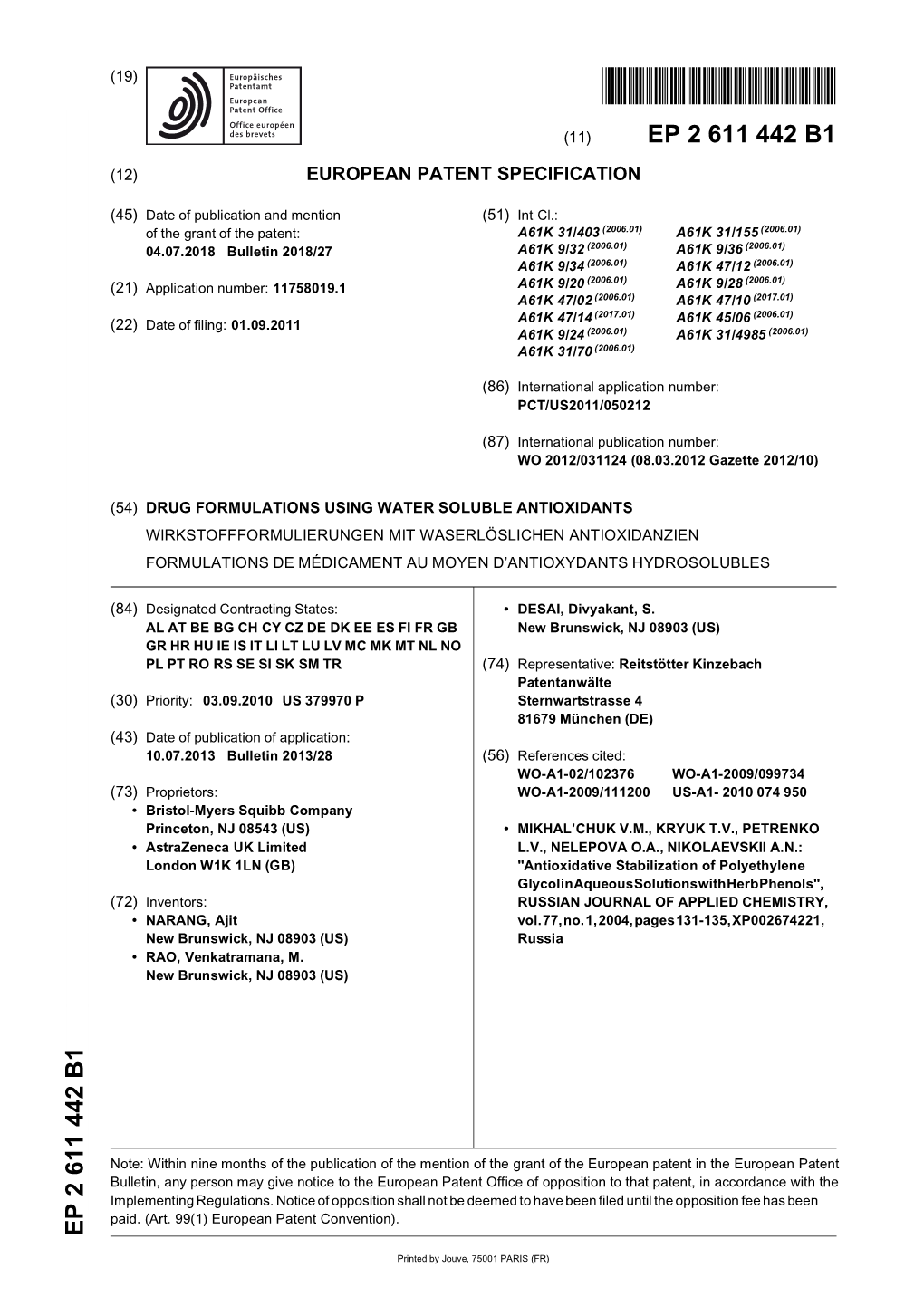 Drug Formulations Using Water Soluble Antioxidants