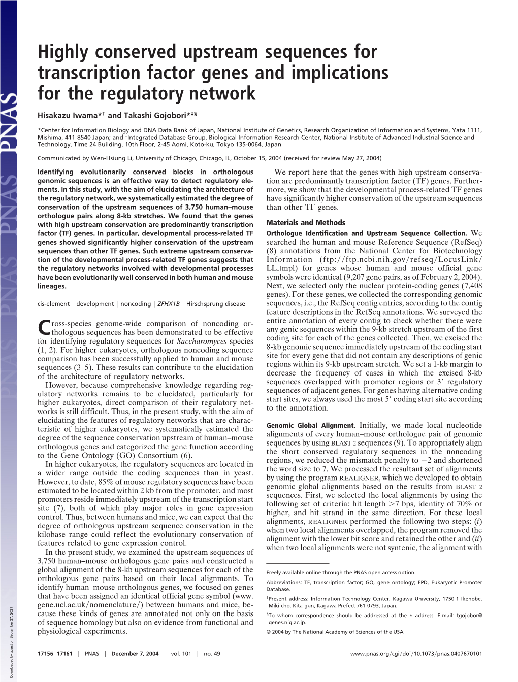 Highly Conserved Upstream Sequences for Transcription Factor Genes and Implications for the Regulatory Network