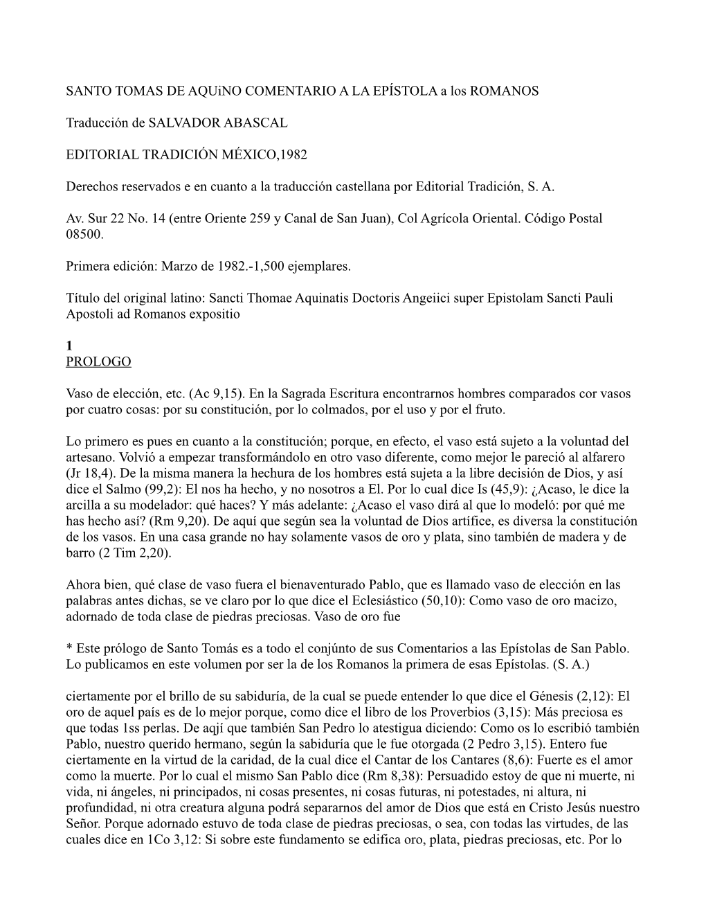 SANTO TOMAS DE Aquino COMENTARIO a LA EPÍSTOLA a Los ROMANOS