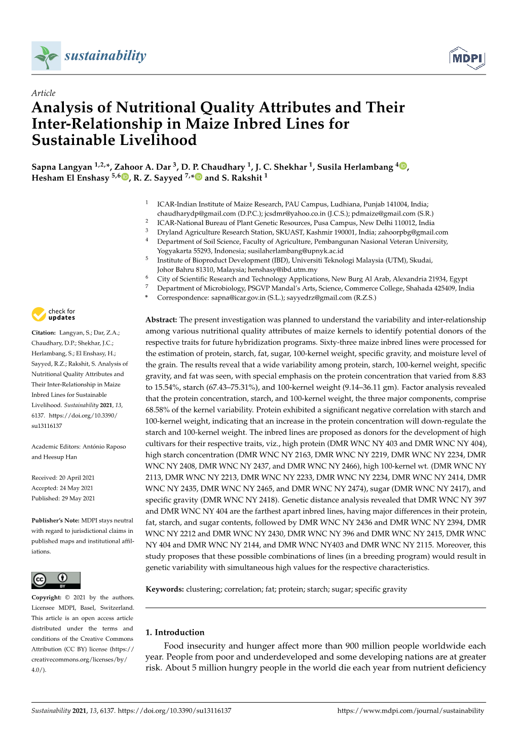 Analysis of Nutritional Quality Attributes and Their Inter-Relationship in Maize Inbred Lines for Sustainable Livelihood