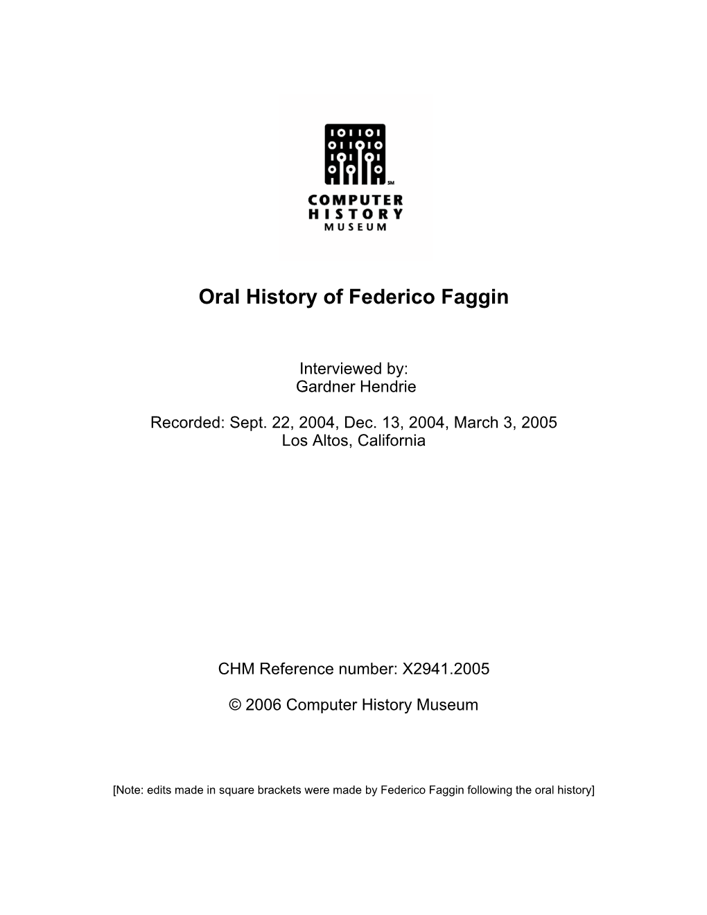 Oral History of Federico Faggin