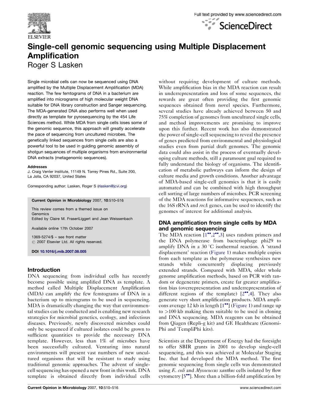 Single-Cell Genomic Sequencing Using Multiple Displacement Amplification