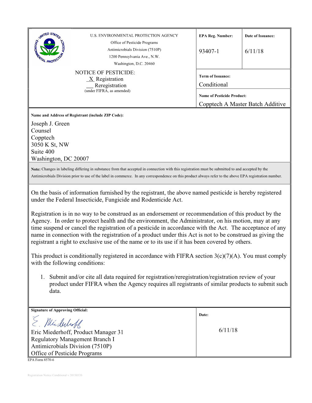 US EPA, Pesticide Product Label, Copptech a Master Batch Additive,06/11/2018