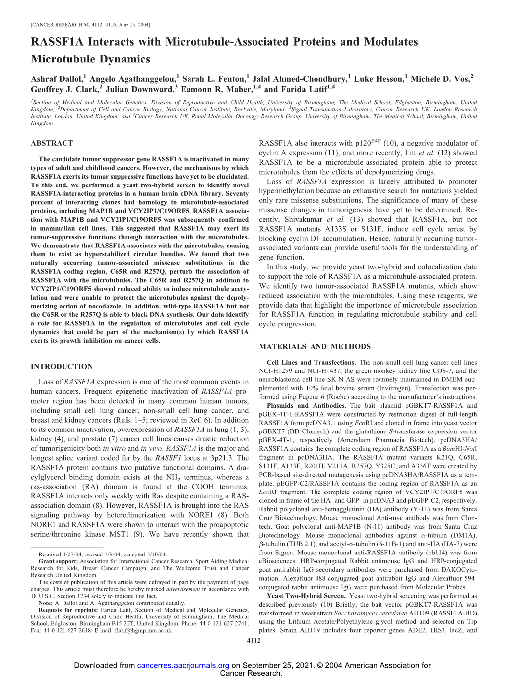 RASSF1A Interacts with Microtubule-Associated Proteins and Modulates Microtubule Dynamics