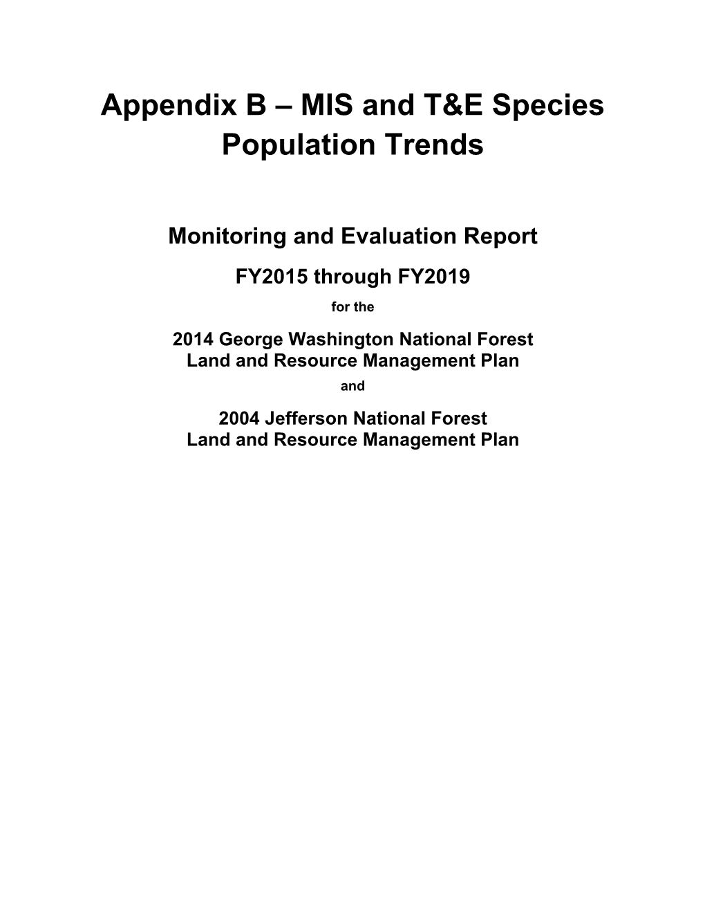 Appendix G – MIS I George Washington and Jefferson National Forests