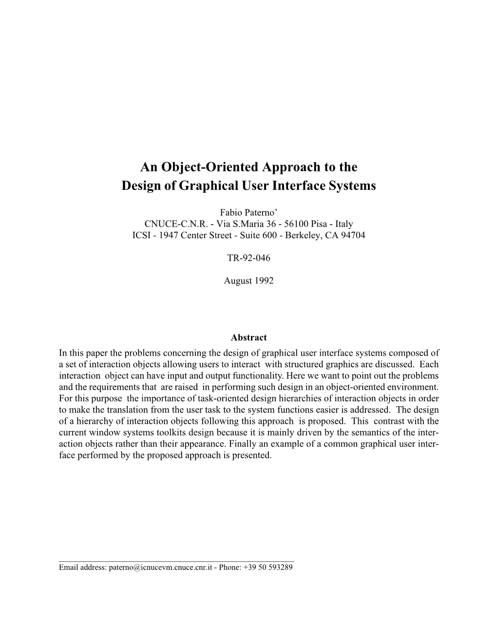 An Object-Oriented Approach to the Design of Graphical User Interface Systems