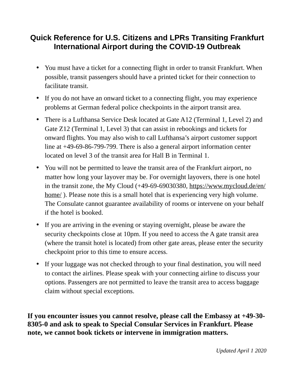 Quick Reference for U.S. Citizens and Lprs Transiting Frankfurt International Airport During the COVID-19 Outbreak