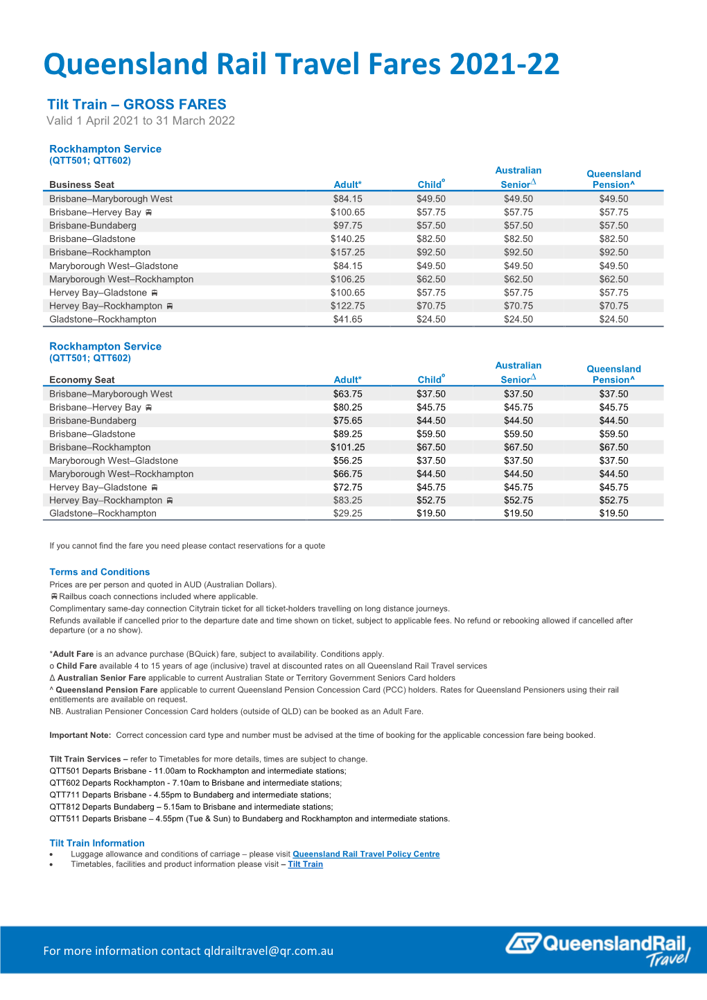 Queensland Rail Travel Fares 2021-22