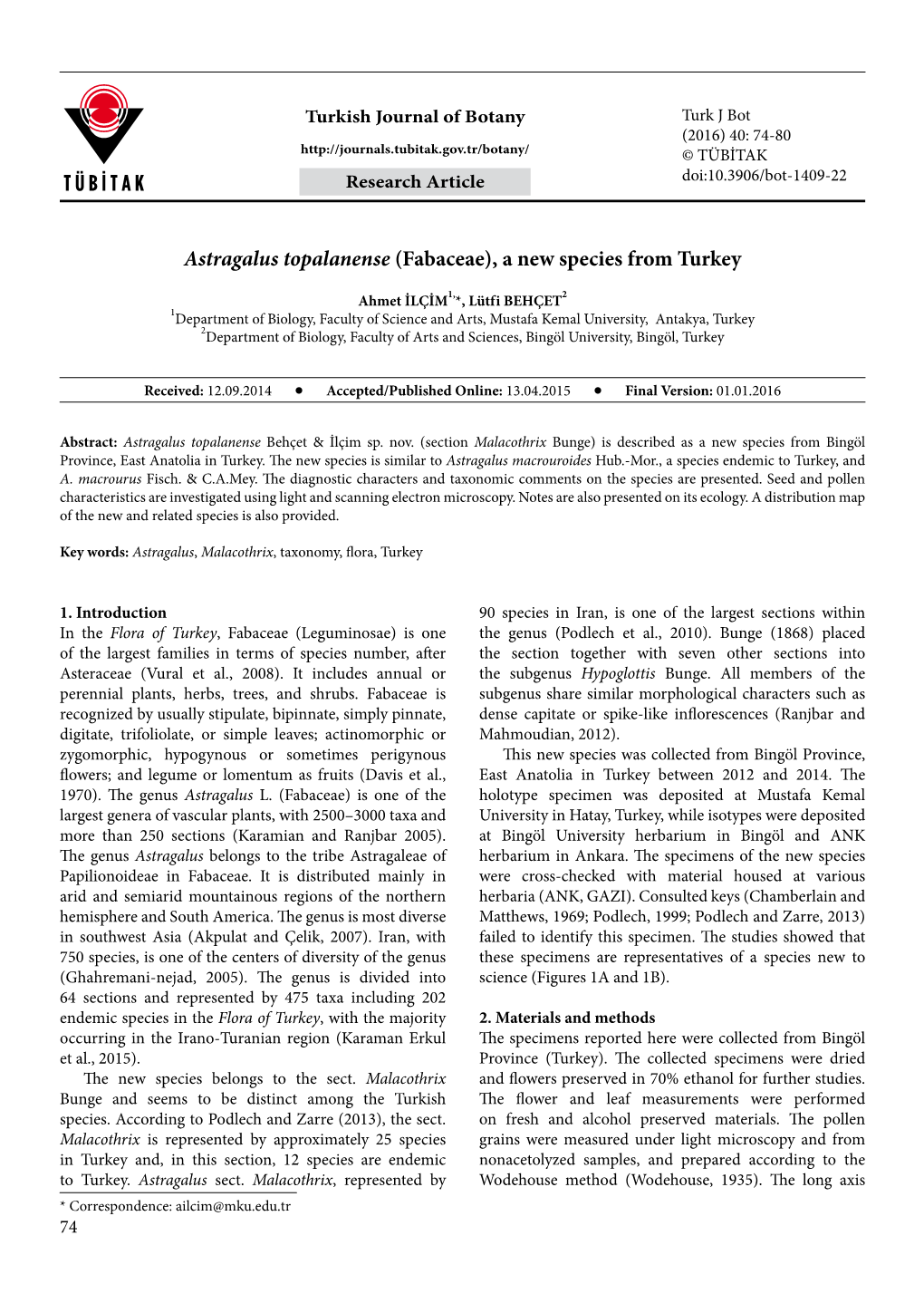 Astragalus Topalanense (Fabaceae), a New Species from Turkey