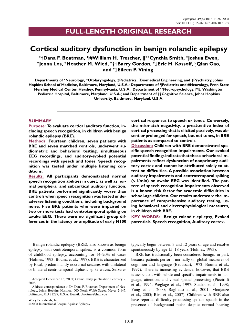 Cortical Auditory Dysfunction in Benign Rolandic Epilepsy ∗†Dana F