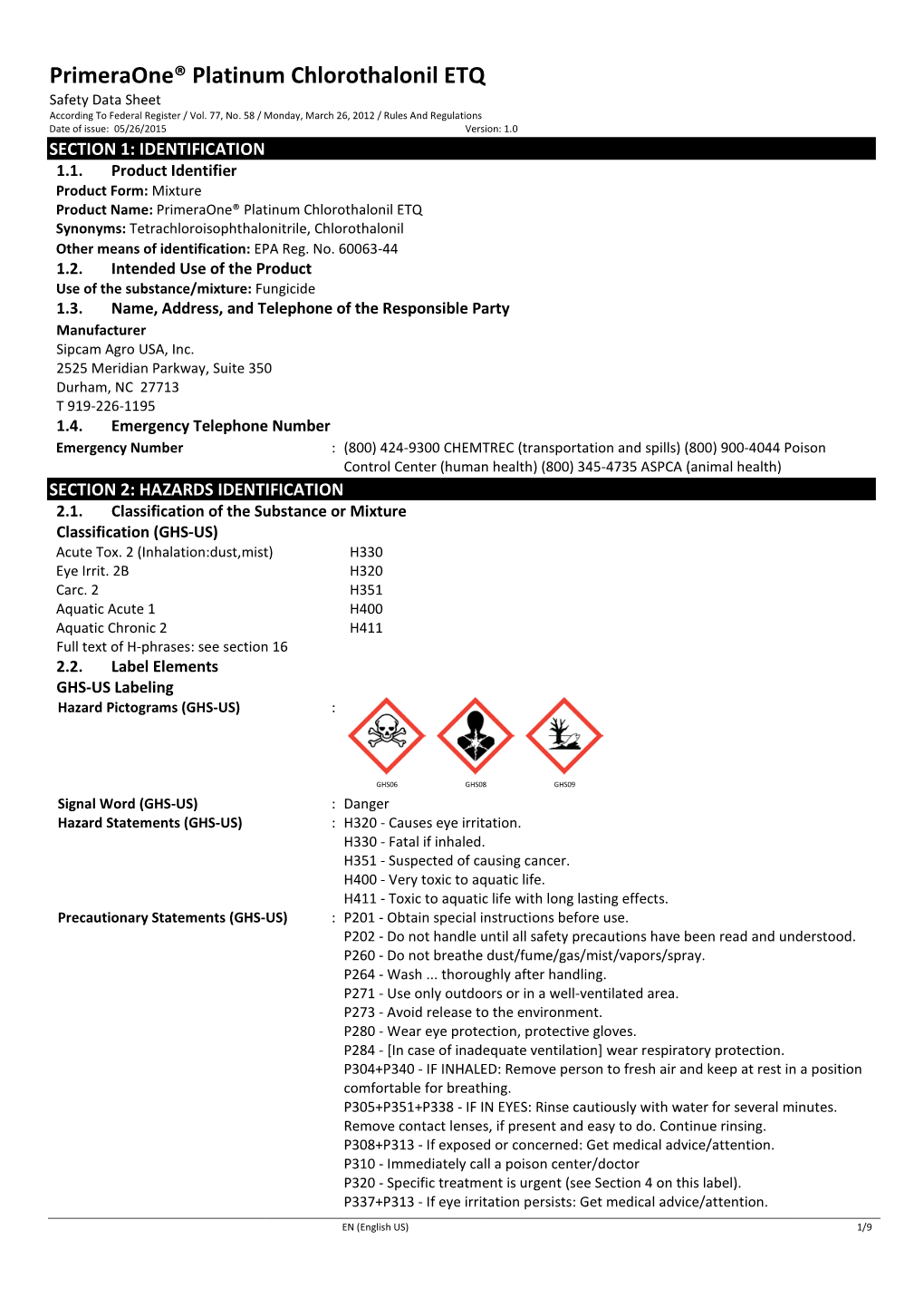 Primeraone® Platinum Chlorothalonil ETQ Safety Data Sheet According to Federal Register / Vol