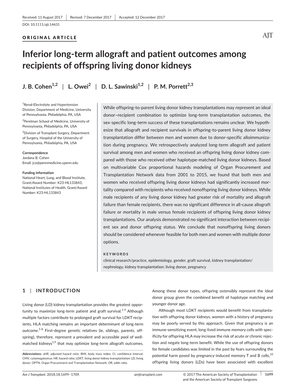Inferior Long- Term Allograft and Patient Outcomes Among Recipients of Offspring Living Donor Kidneys
