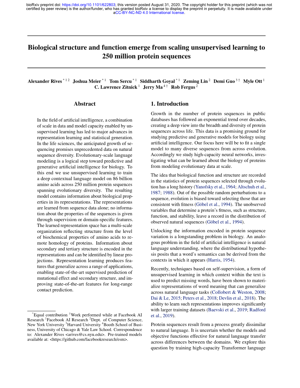 Biological Structure and Function Emerge from Scaling Unsupervised Learning to 250 Million Protein Sequences